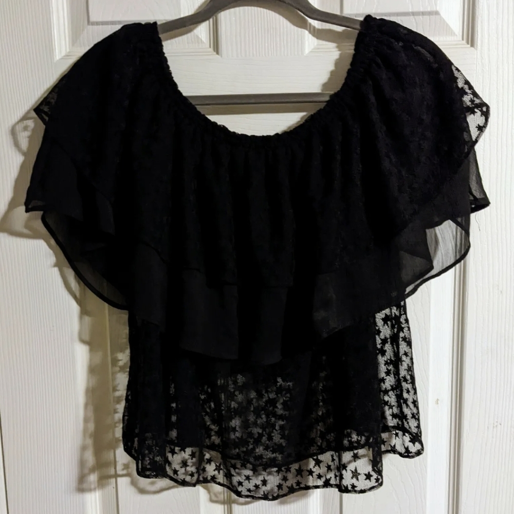 Zara Black Tiered Blouse XS Short Sleeve Star Pattern Ruffly Holiday Party
